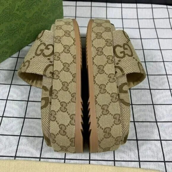 Gucci Angelina Platform Slide Sandal in Beige GG Canvas